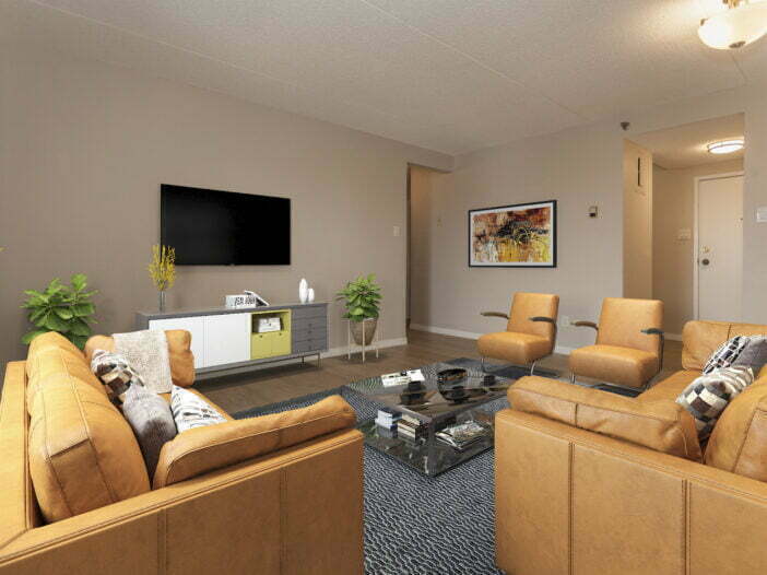 living area in a 2 bedroom unit at Barrington Place in Saskatoon, Saskatchewan