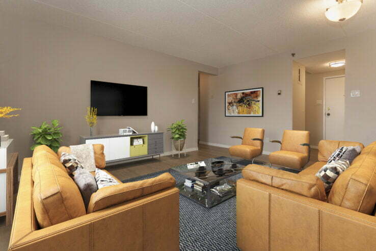 living area in a 2 bedroom unit at Barrington Place in Saskatoon, Saskatchewan