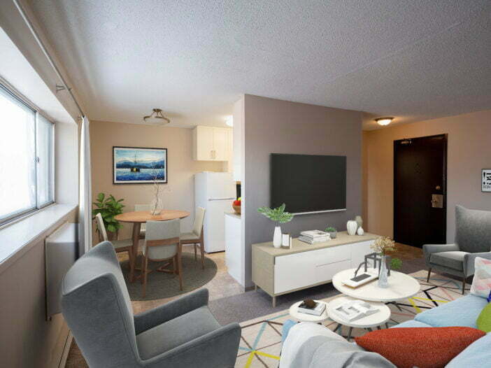 living area in a 2 bedroom unit at Chalsam Gardens in Winnipeg, Manitoba