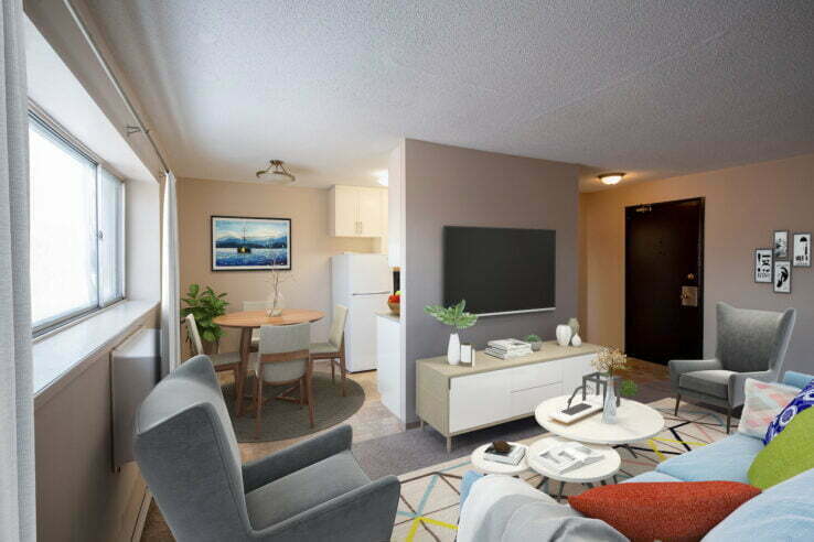 living area in a 2 bedroom unit at Chalsam Gardens in Winnipeg, Manitoba