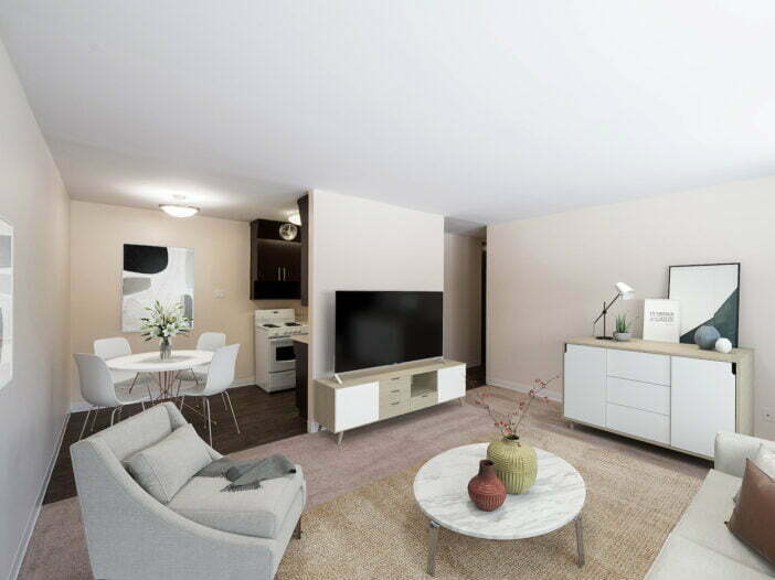 living area, dining area in a 2 bedroom unit at Edison Court in Winnipeg, Manitoba