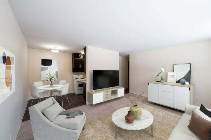 living area, dining area in a 2 bedroom unit at Edison Court in Winnipeg, Manitoba