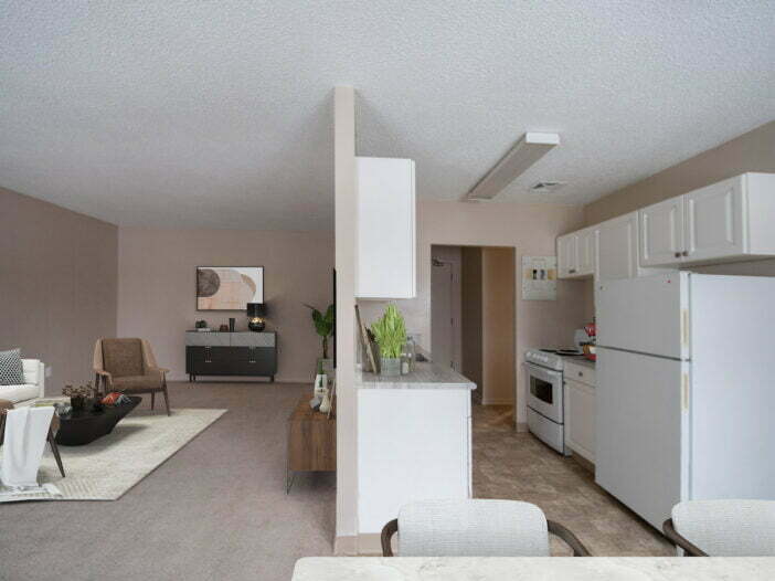 living area, dining area, bedroom in a 1 bedroom unit at Gateway Apartments in Winnipeg, Manitoba