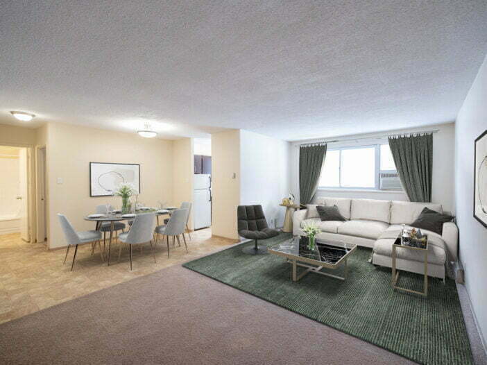 living area in a 1 bedroom unit at Guelph Gardens in Winnipeg, Manitoba