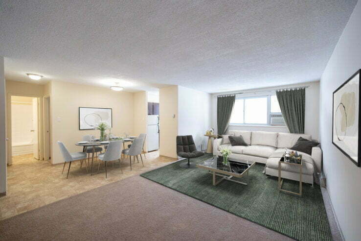living area in a 1 bedroom unit at Guelph Gardens in Winnipeg, Manitoba