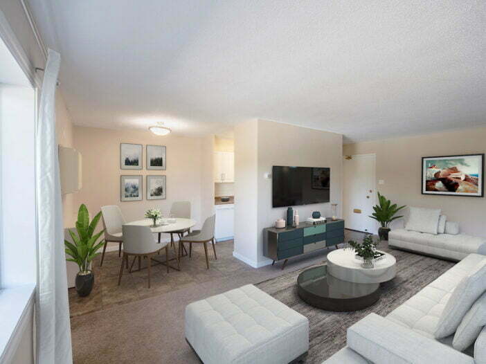 living area, dining area in a 1 bedroom unit at Hyde Park House in Winnipeg, Manitoba