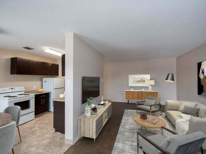 living area, bedroom in a 1 bedroom unit at Lady Dale Apartments in Winnipeg, Manitoba