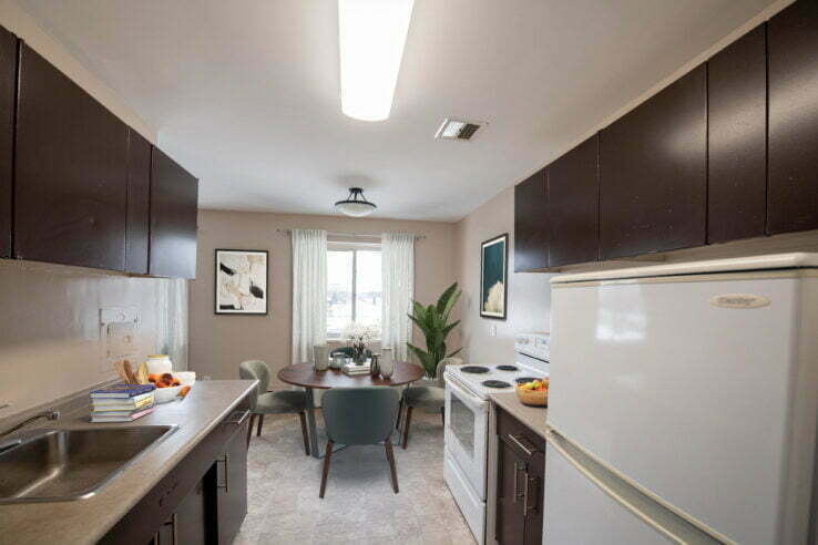 dining area, bedroom in a 1 bedroom unit at Lady Dale Apartments in Winnipeg, Manitoba