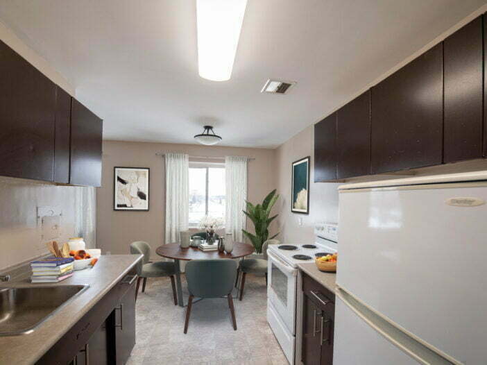 dining area, bedroom in a 1 bedroom unit at Lady Robin Apartments in Winnipeg, Manitoba
