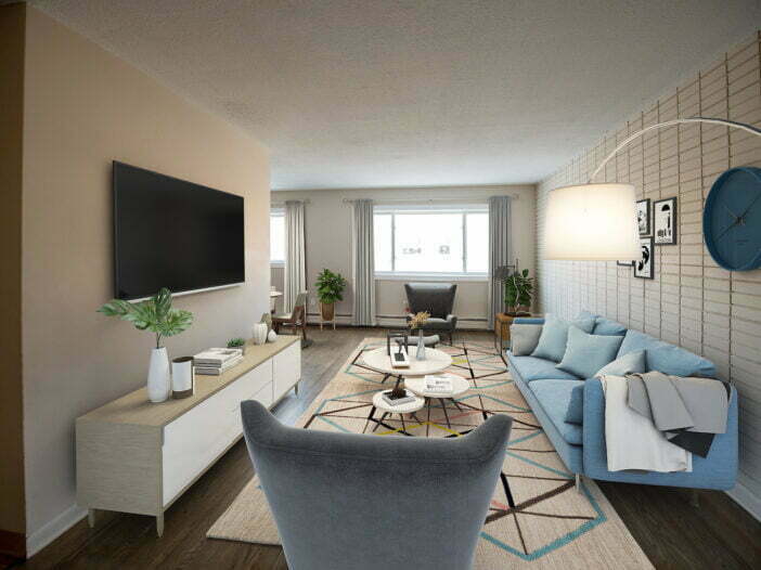 living area in a 1 bedroom unit at Lord Ainslie in Winnipeg, Manitoba