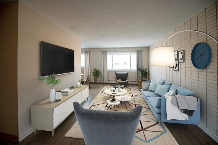 living area in a 1 bedroom unit at Lord Ainslie in Winnipeg, Manitoba
