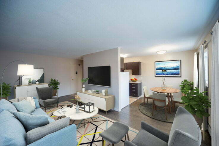 living area in a 1 bedroom unit at Lord Ainslie in Winnipeg, Manitoba