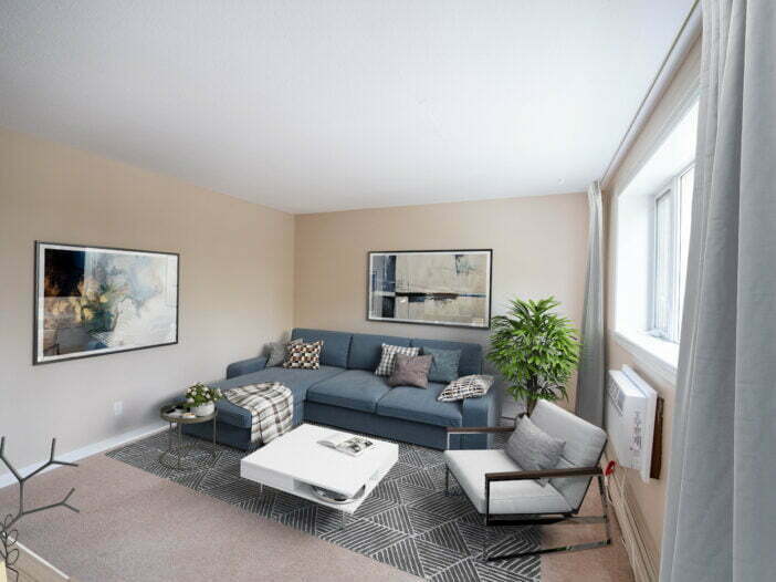 living area in a 1 bedroom unit at Lyon House in Winnipeg, Manitoba