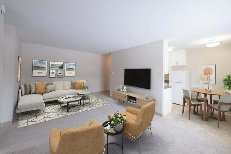 living area, dining area in a 2 bedroom unit at Markie Plaza in Winnipeg, Manitoba