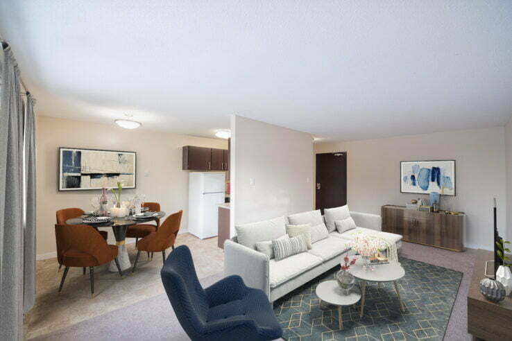 living area, dining area in a 1 bedroom unit at Newdale Apartments in Winnipeg, Manitoba