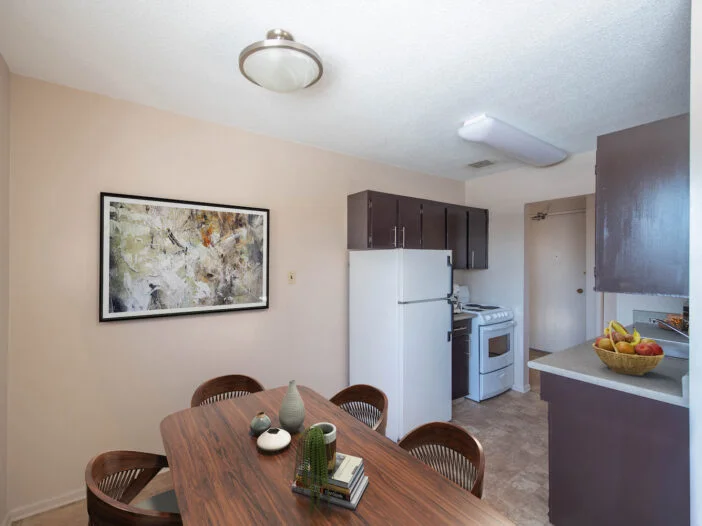 dining area, bedroom in a 1 bedroom unit at Partridge Manor in Winnipeg, Manitoba