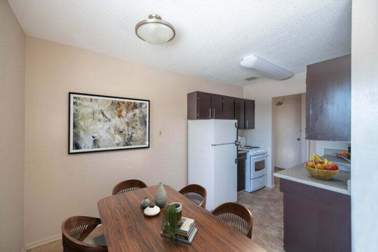 dining area, bedroom in a 1 bedroom unit at Partridge Manor in Winnipeg, Manitoba