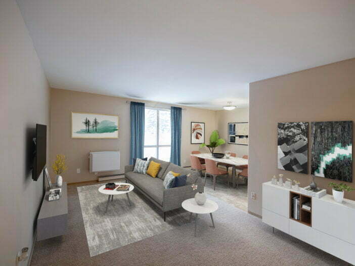 living area, dining area in a 1 bedroom unit at Peppertree Estates in Winnipeg, Manitoba