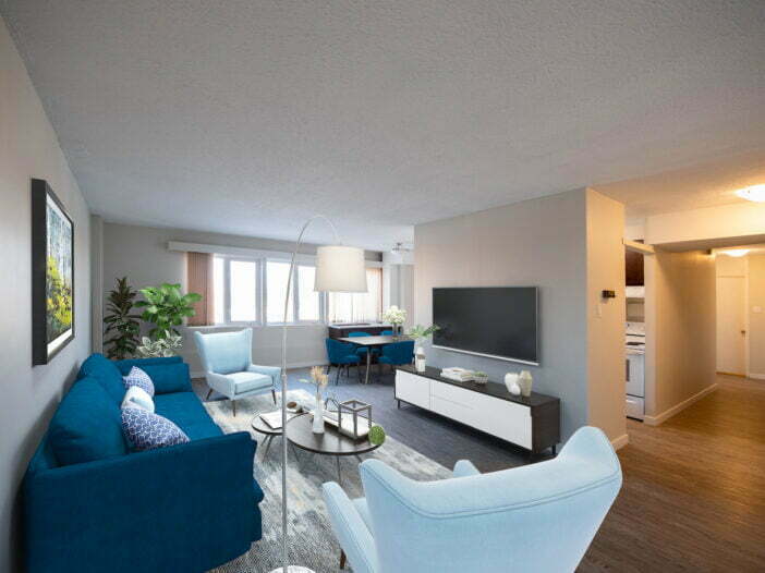 living area in a 2 bedroom unit at Pinewood Place in Winnipeg, Manitoba