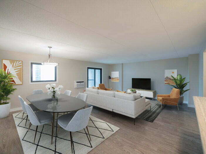 living area, dining area in a 2 bedroom unit at Rideau Tower in Winnipeg, Manitoba