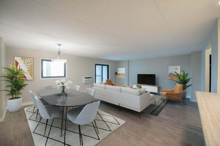 living area, dining area in a 2 bedroom unit at Rideau Tower in Winnipeg, Manitoba