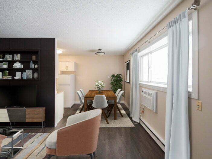 living area, dining area in a 1 bedroom unit at Romada Gardens in Winnipeg, Manitoba