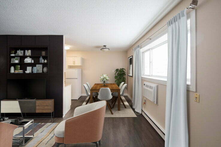 living area, dining area in a 1 bedroom unit at Romada Gardens in Winnipeg, Manitoba