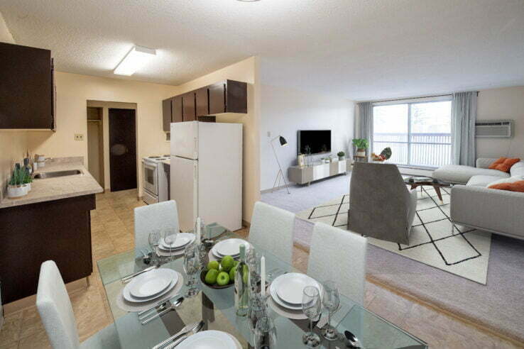 living area, dining area, bedroom in a 2 bedroom unit at Southview Plaza in Winnipeg, Manitoba