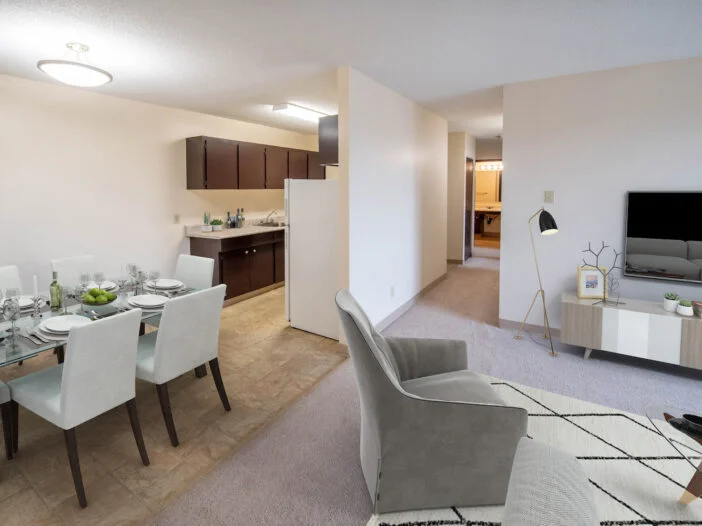 living area, dining area in a 2 bedroom unit at Southview Plaza in Winnipeg, Manitoba