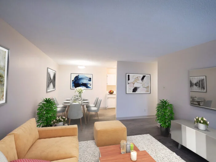 living area, dining area in a 2 bedroom unit at Southview Plaza in Winnipeg, Manitoba