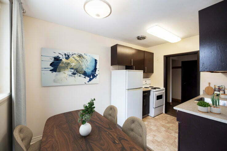 dining area, bedroom in a 1 bedroom unit at Stanley Park in Winnipeg, Manitoba