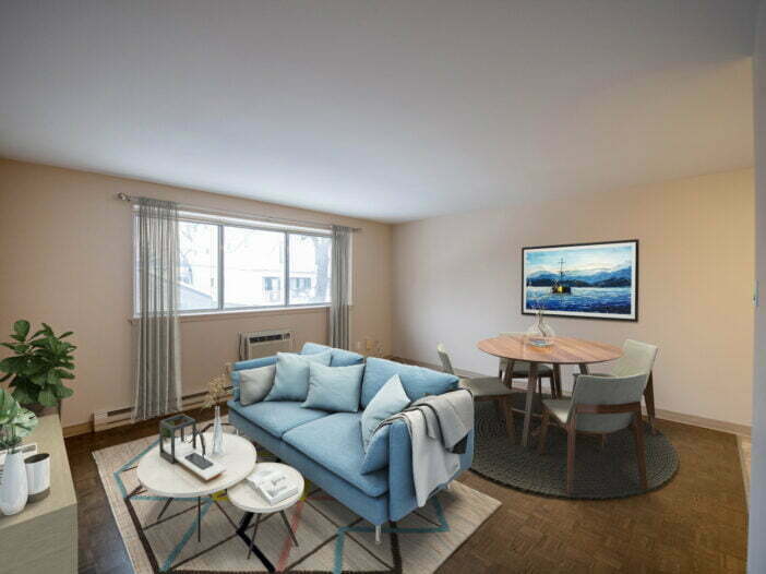 living area in a 1 bedroom unit at Strada Villa Apartments in Winnipeg, Manitoba