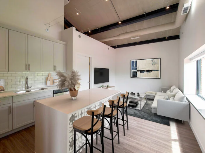 living area, bedroom at Uptown Lofts in Winnipeg, Manitoba