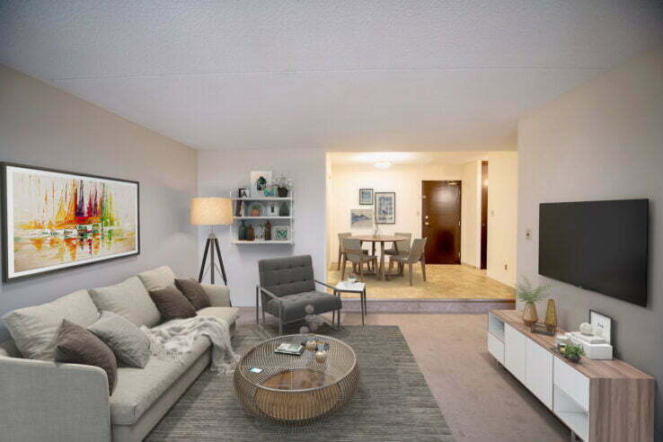living area in a 1 bedroom unit at Windwood Gardens in Winnipeg, Manitoba