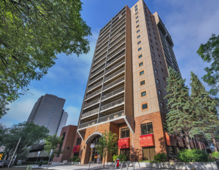 an image from the bottom of the apartment building