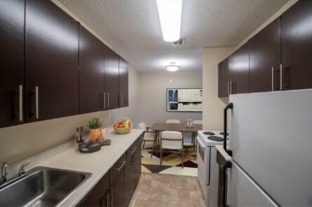 a kitchen with dining table